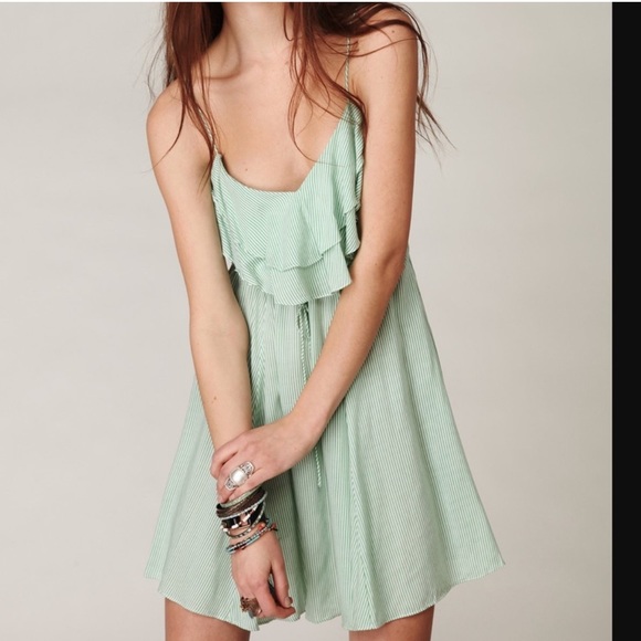 Free People Green Medium Flutter Away Green Stripe Ruffle Dress - Picture 1 of 7
